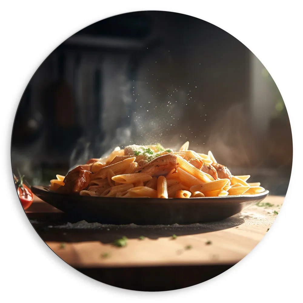 Dibond Muurcirkel - Eten - Pasta - Tafel - Bord - Tomaat - Kaas
