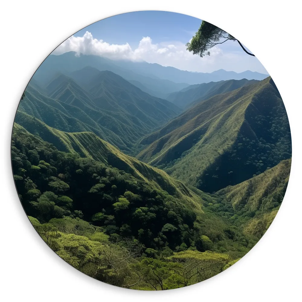 Forex Muurcirkel - Bomen - Landschap - Bergen - Wolken - Groen