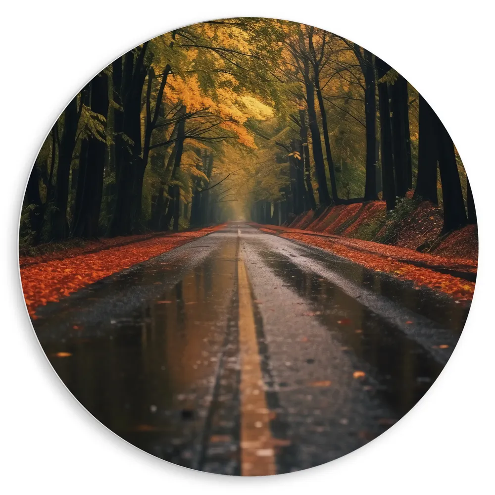 Dibond Muurcirkel - Bos - Bomen - Weg - Bladeren - Natuur
