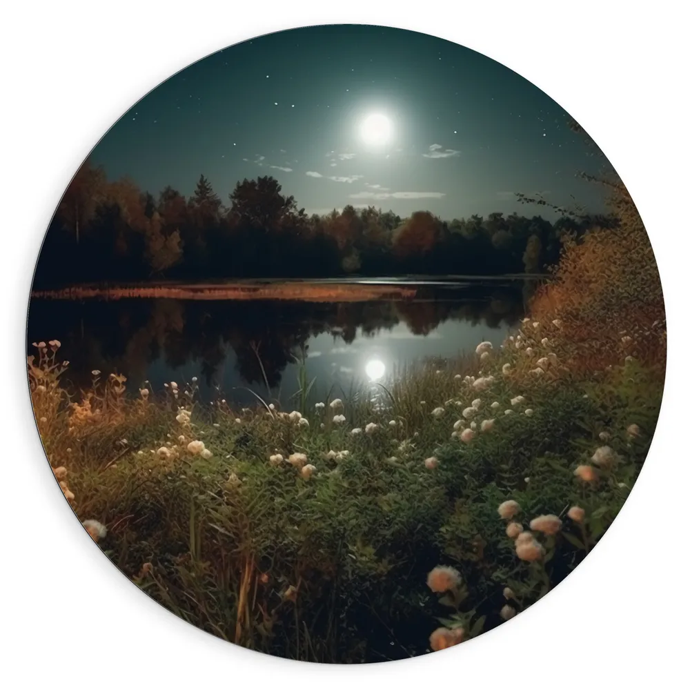 Dibond Muurcirkel - Landschap - Maan - Bloemen - Bomen - Planten - Water