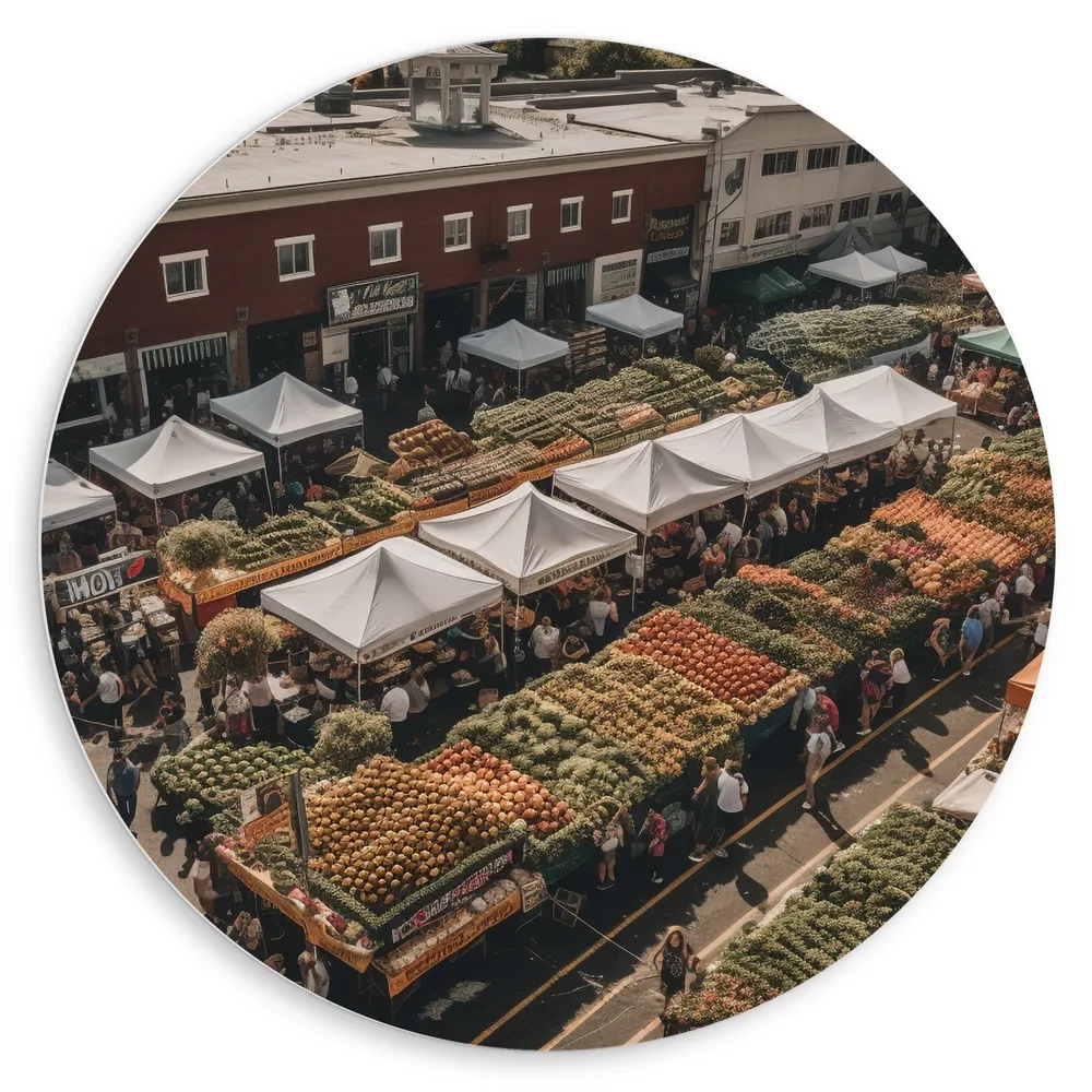Dibond Muurcirkel - Straat - Bovenaanzicht - Mensen - Drukte - Markt - Fruit - Eten - Kraampjes