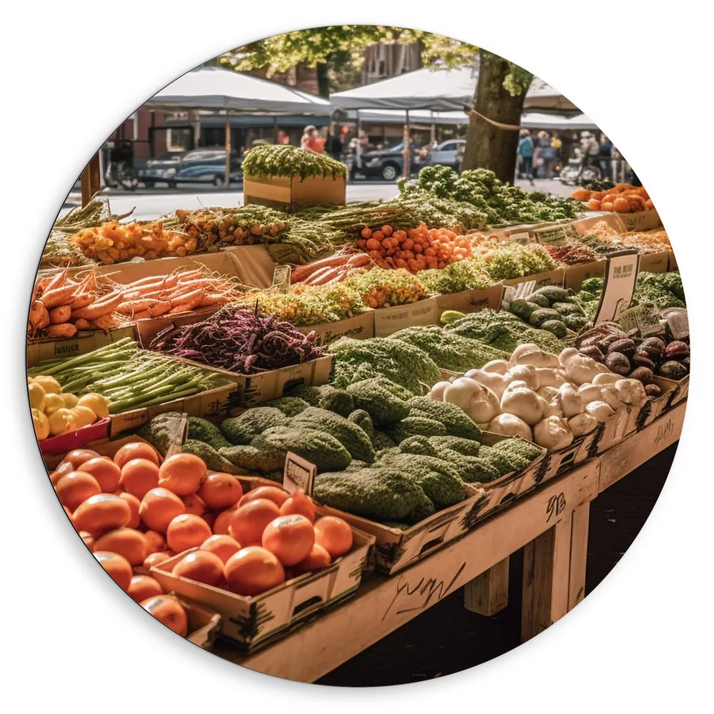 Dibond Muurcirkel - Kraam - Markt - Groente - Fruit - Verkopen