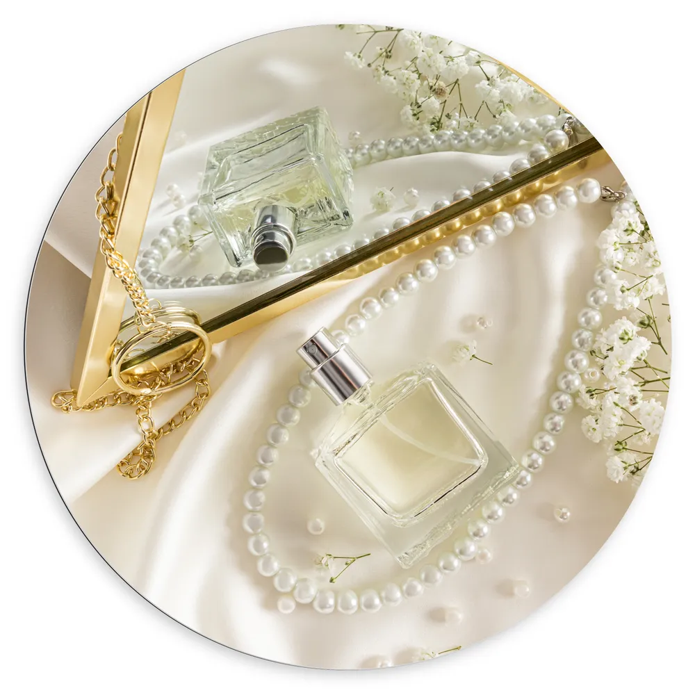 Dibond Muurcirkel - Spiegel - Parfum - Ketting - Bloemen