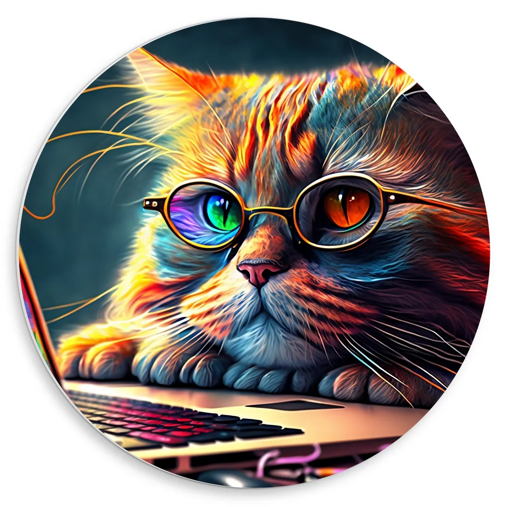 Dibond Muurcirkel - Kleurrijke Snuggere Kat met Bril achter Laptop