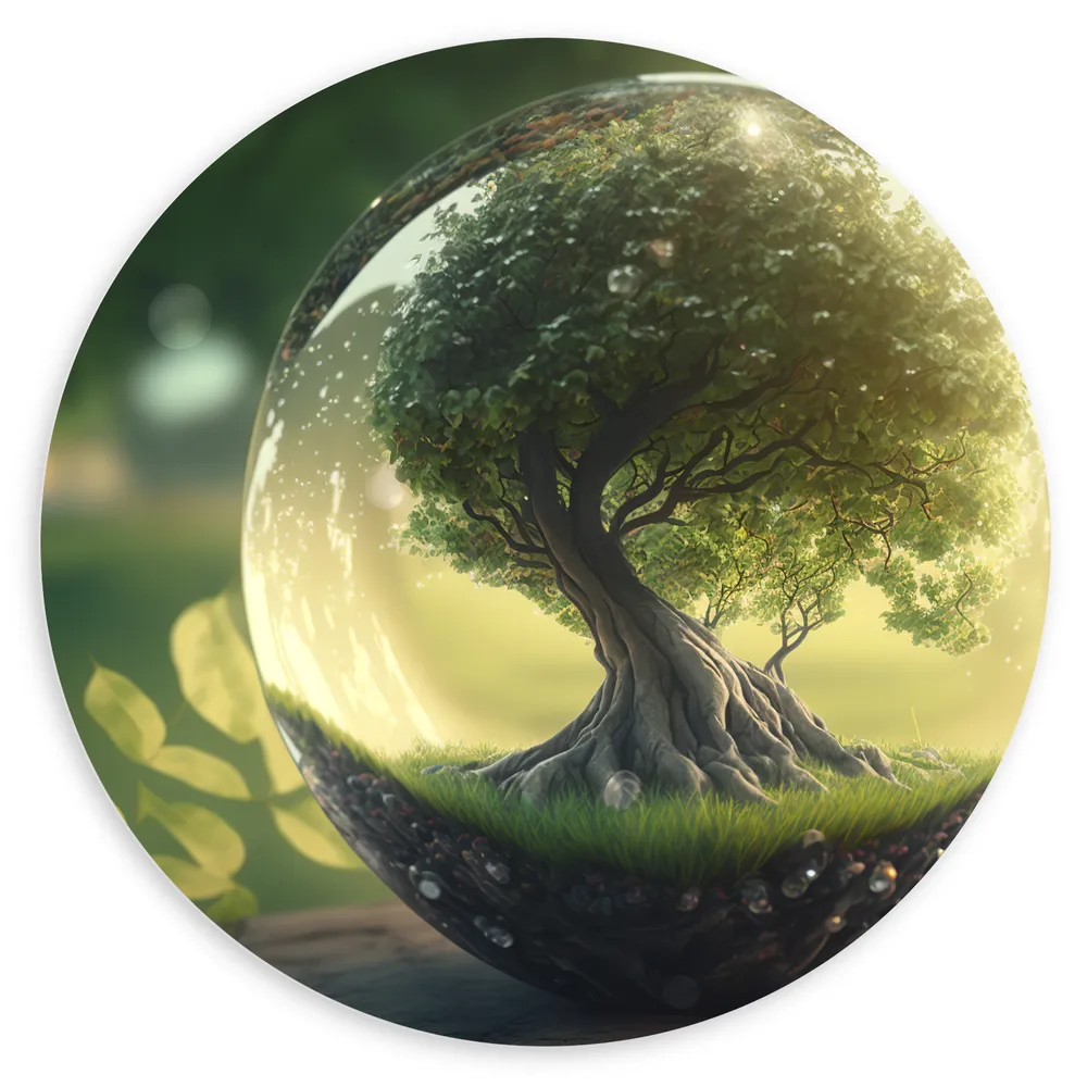 Dibond Muurcirkel - Boom - Bladeren - Glazenbol - Natuur
