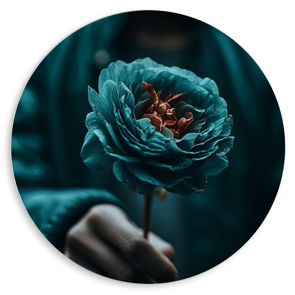 Dibond Muurcirkel - Bloem - Hand - Blauw