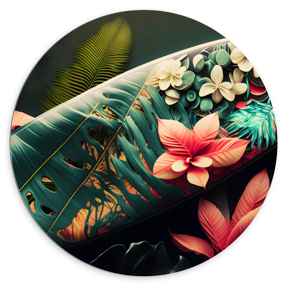 Dibond Muurcirkel - Surfboard met Patroon van Planten en Bloemen