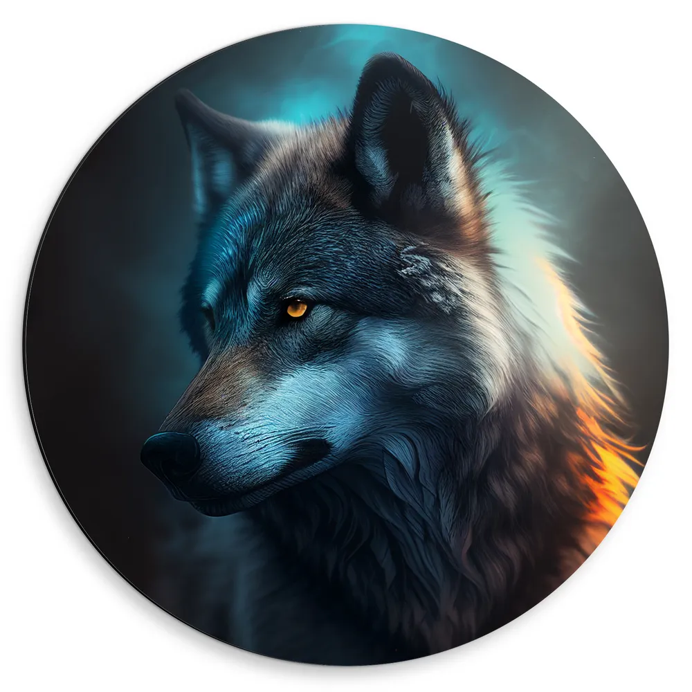 Dibond Muurcirkel - Opzijkijkende Wolf in Blauw Licht met Feloranje Ogen
