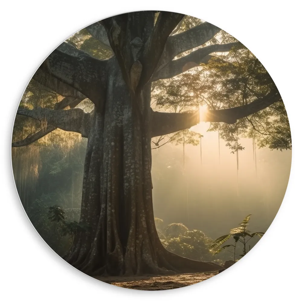 Dibond Muurcirkel - Boom - Bos - Natuur - Zonlicht - Planten
