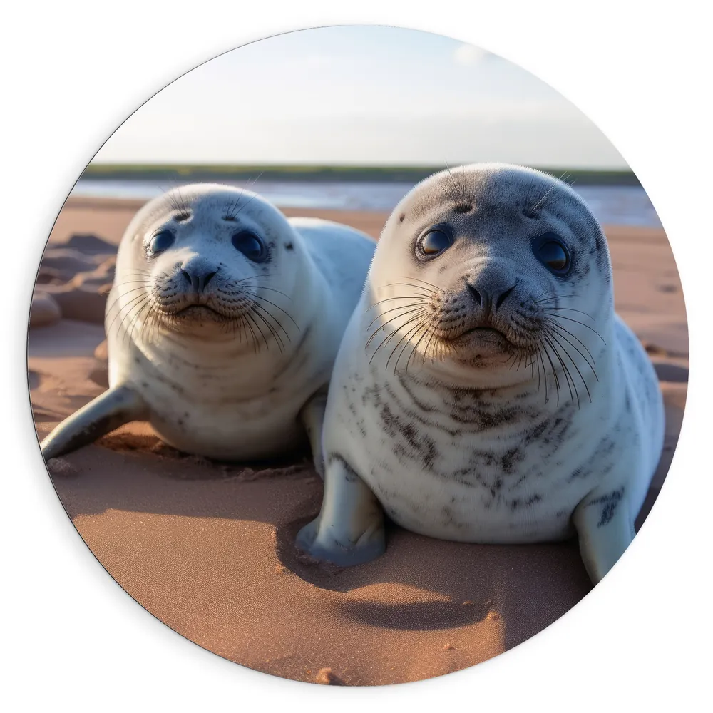Dibond Muurcirkel - Zeehonden - Strand - Dieren - Water - Zand