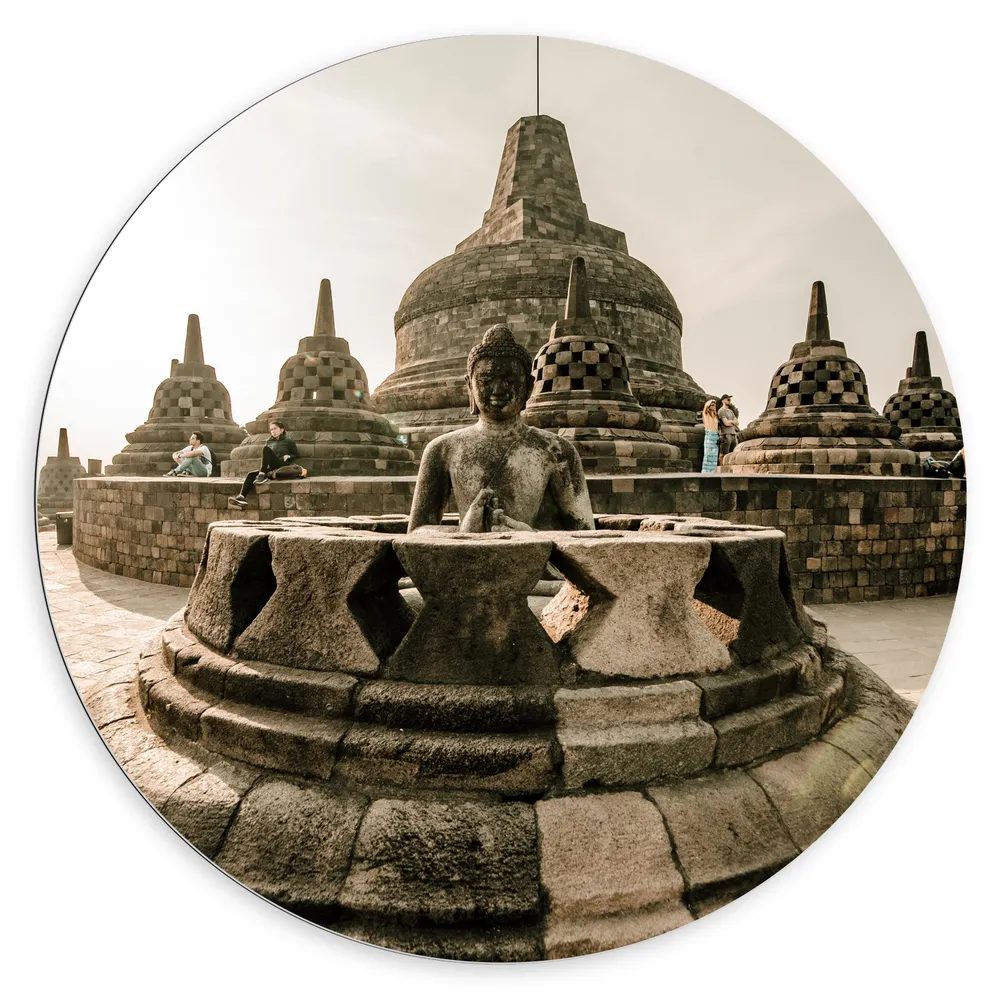 Dibond Muurcirkel - Beelden bij Borobudur Tempel in IndonesiË