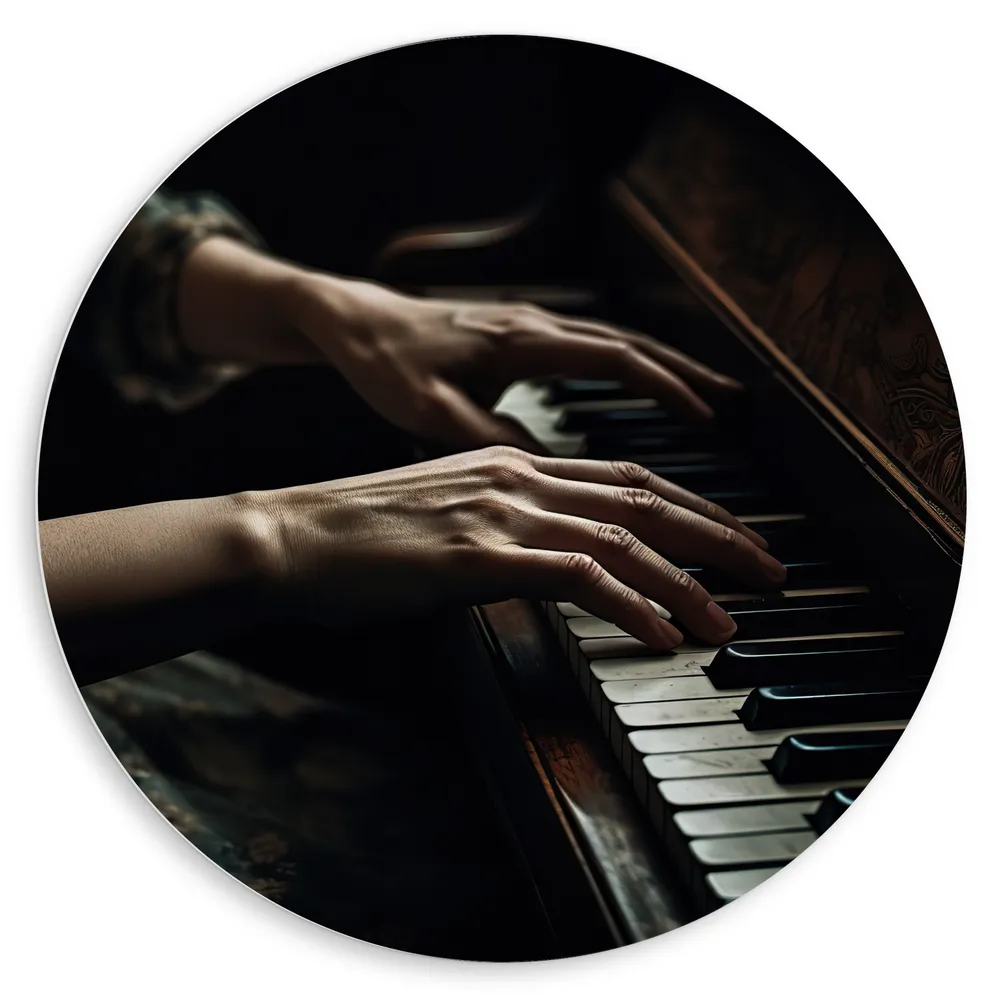 Dibond Muurcirkel - Muziek - Piano - Handen - Mens - Jurk