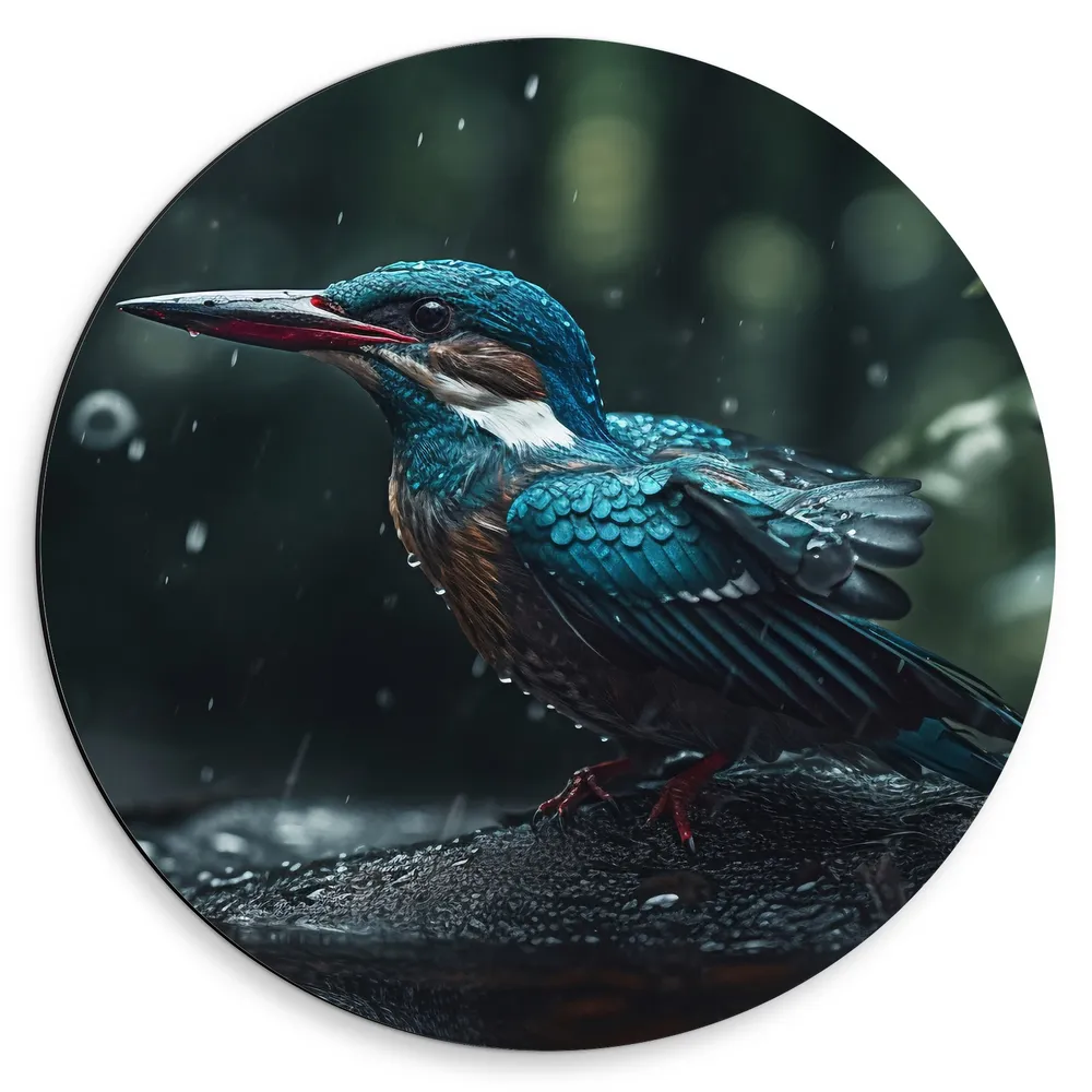Dibond Muurcirkel - Blauw - Witte Vogel in de Regen