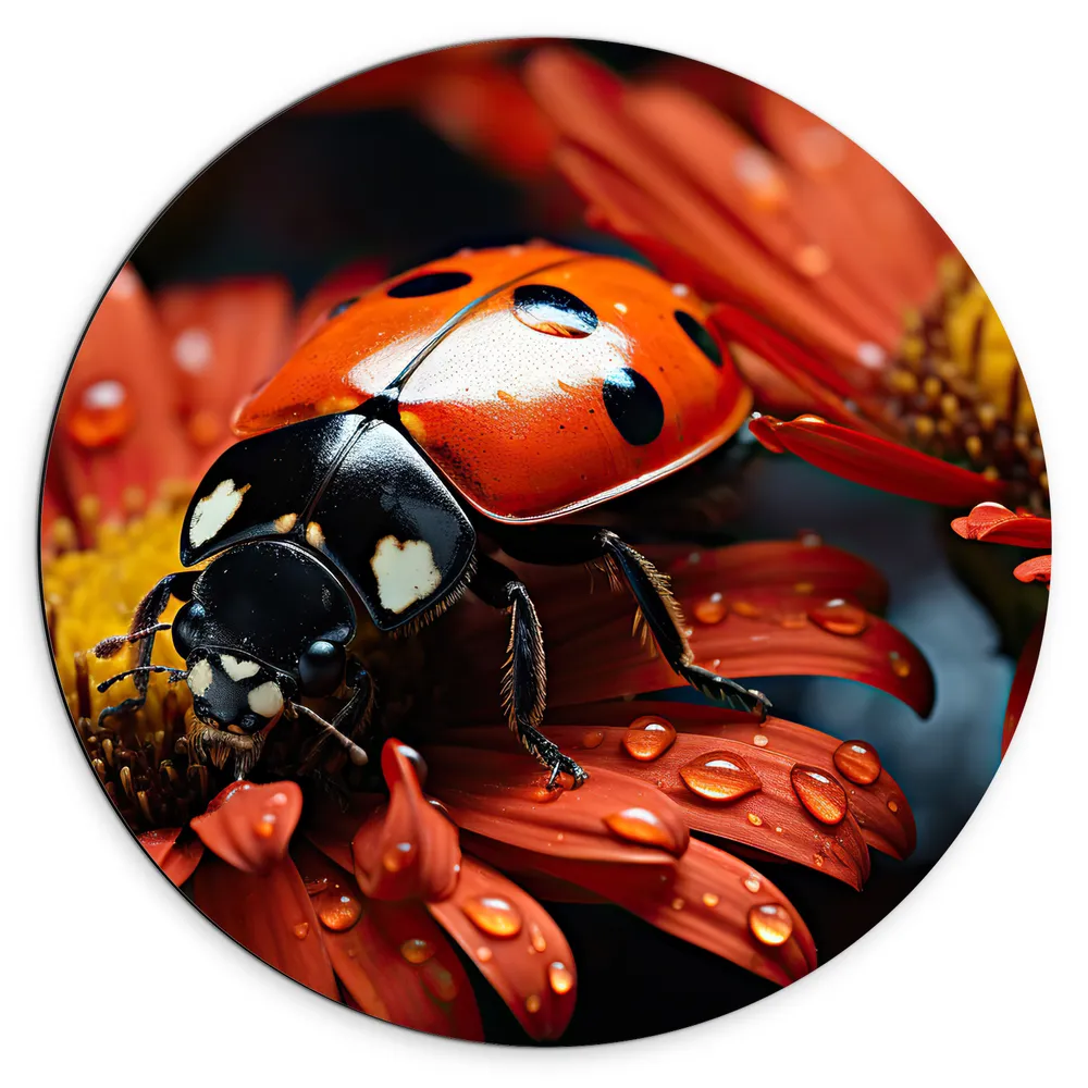 Dibond Muurcirkel - Bloemen - Druppels - Rood - Lieveheersbeestje