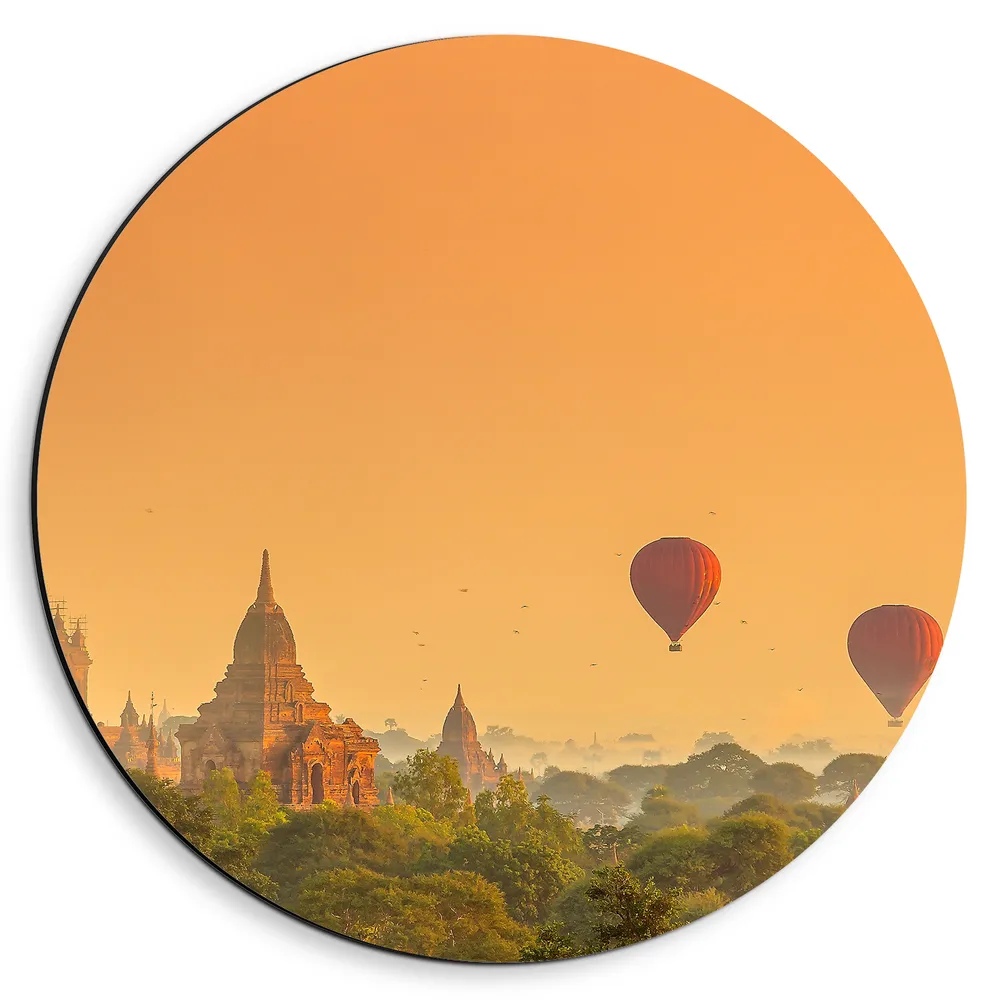Dibond Muurcirkel - Luchtballonnen Zwevend boven Planten bij Twee Tempels - Bagan Myanmar