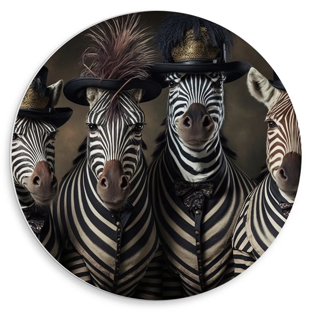 Dibond Muurcirkel - Groep Zebra's met Komische Hoeden