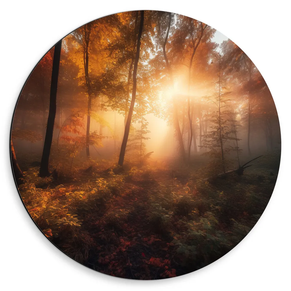 Dibond Muurcirkel - Zonnestralen in het Bos Vol Hersftkleuren