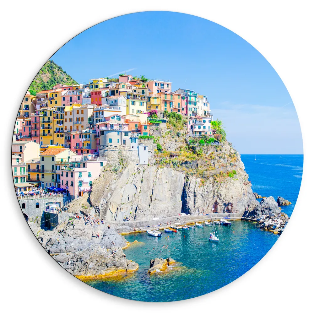 Dibond Muurcirkel - Kleurrijke Huisjes in Nationaal Park Cinque Terre bij de Italiaanse Kust