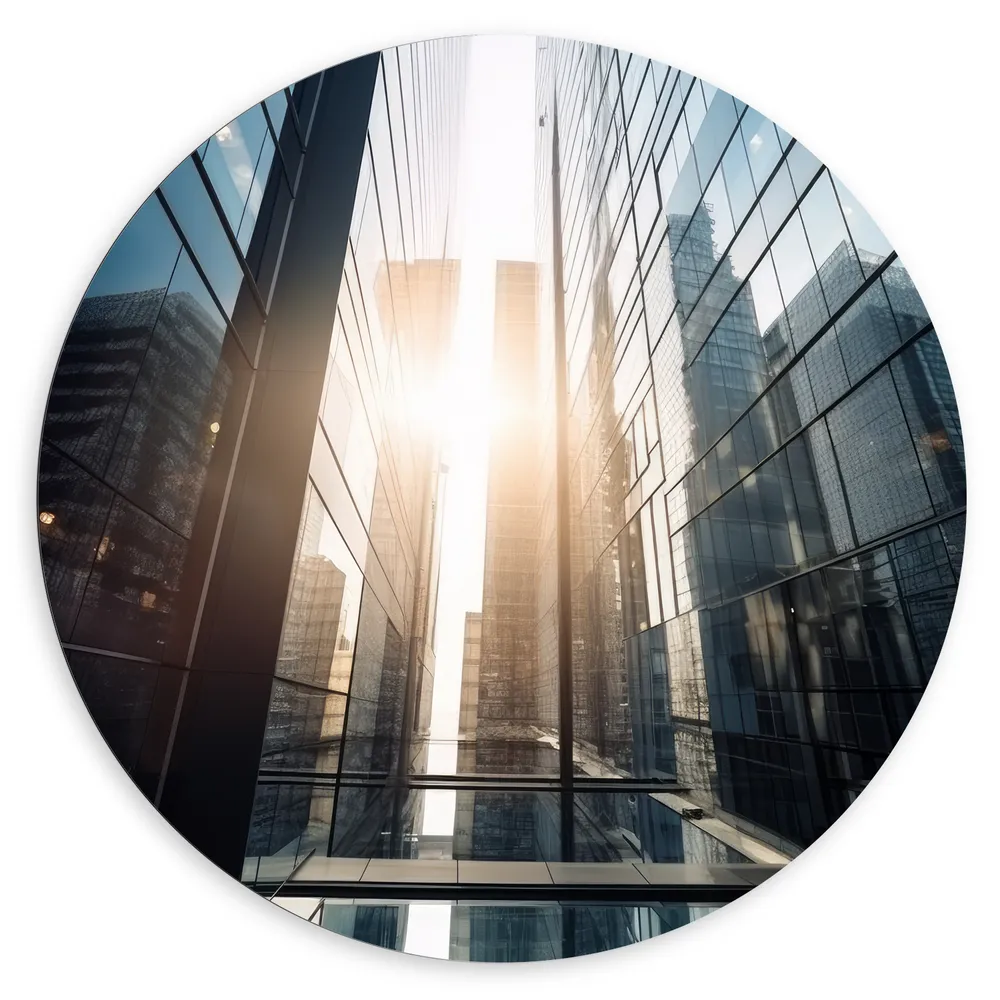 Dibond Muurcirkel - Gebouwen - Stad - Glazen - Ramen - Zon