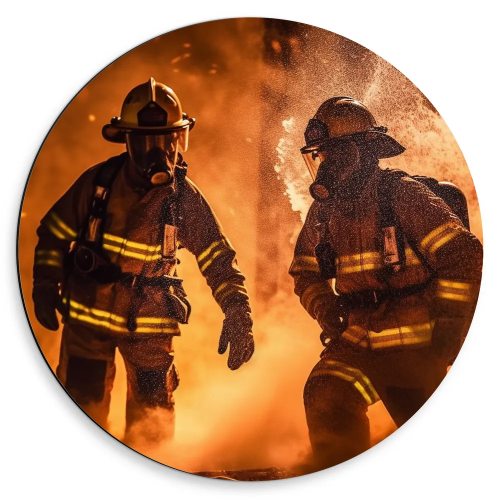 Dibond Muurcirkel - Brandweermannen aan het Werk bij Felle Brand