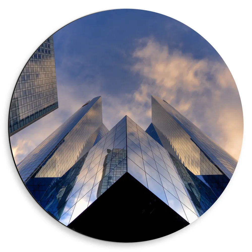 Dibond Muurcirkel - Gebouw- Onderaanzicht - Stad - Lucht