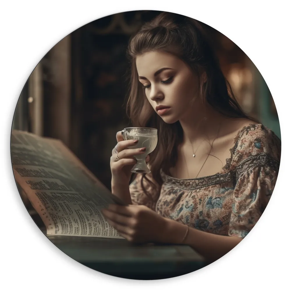 Dibond Muurcirkel - Vrouw - Lezen - Drinken - Glas - Boek
