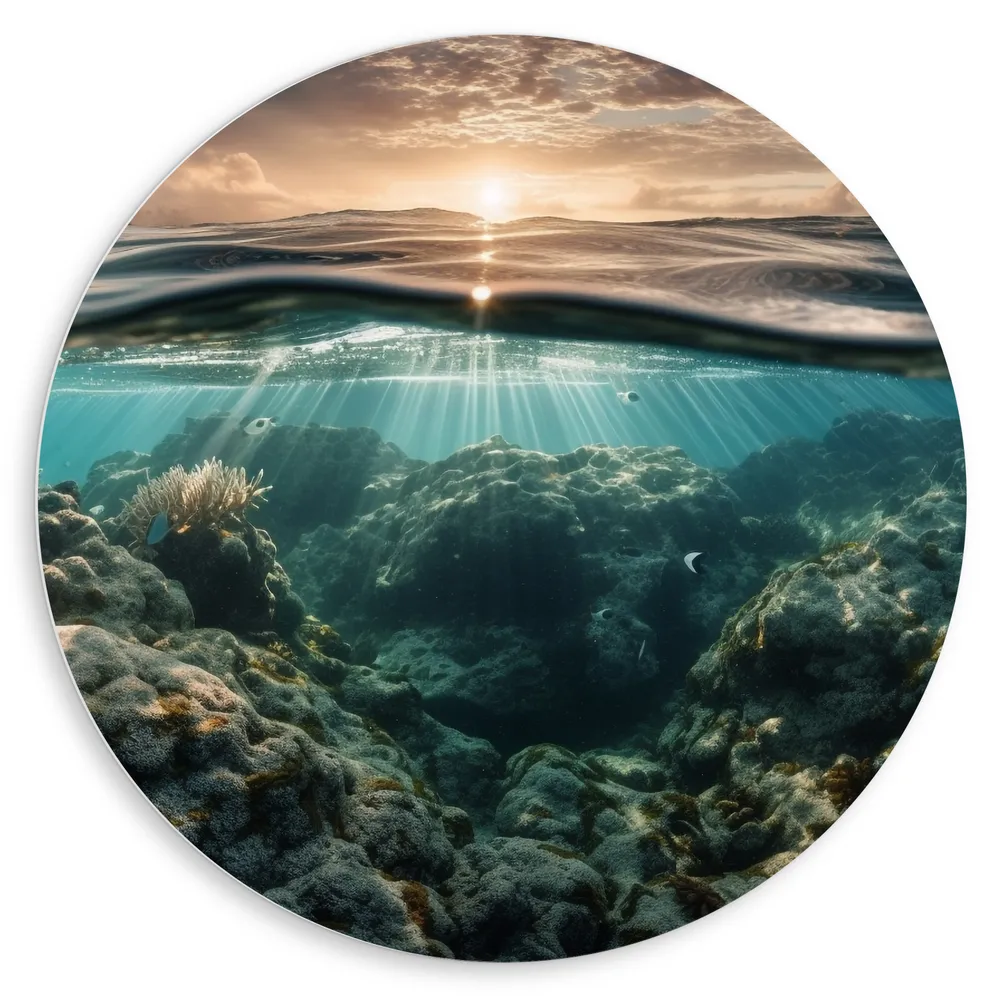 Dibond Muurcirkel - Zee - Koraal - Vissen - Water - Zon