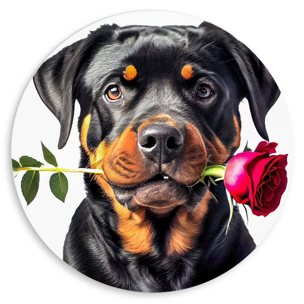 Dibond Muurcirkel - Romantische Rottweiler Hond met Roos tegen Witte Achtegrond