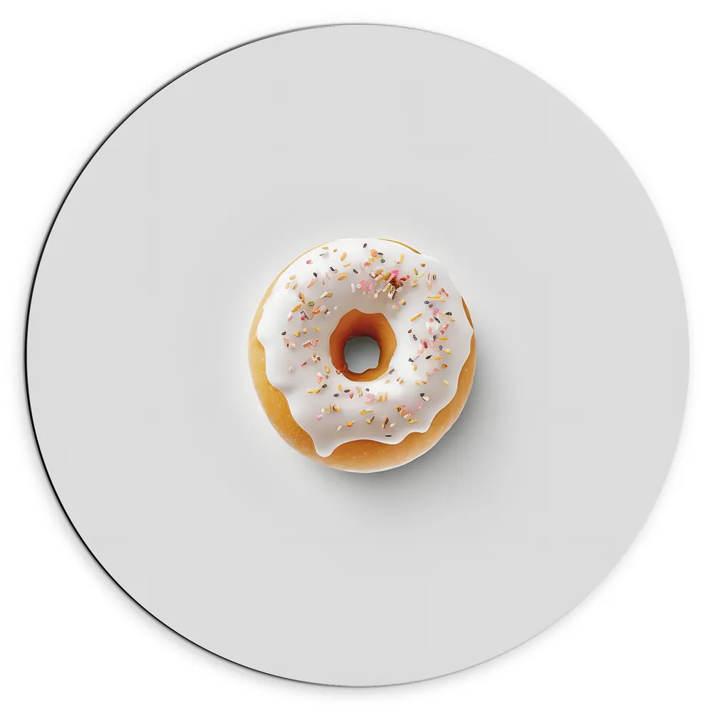 Dibond Muurcirkel - Donut met Wit Glazuur en Sprinkels tegen Lichtgekleurde Achtergrond