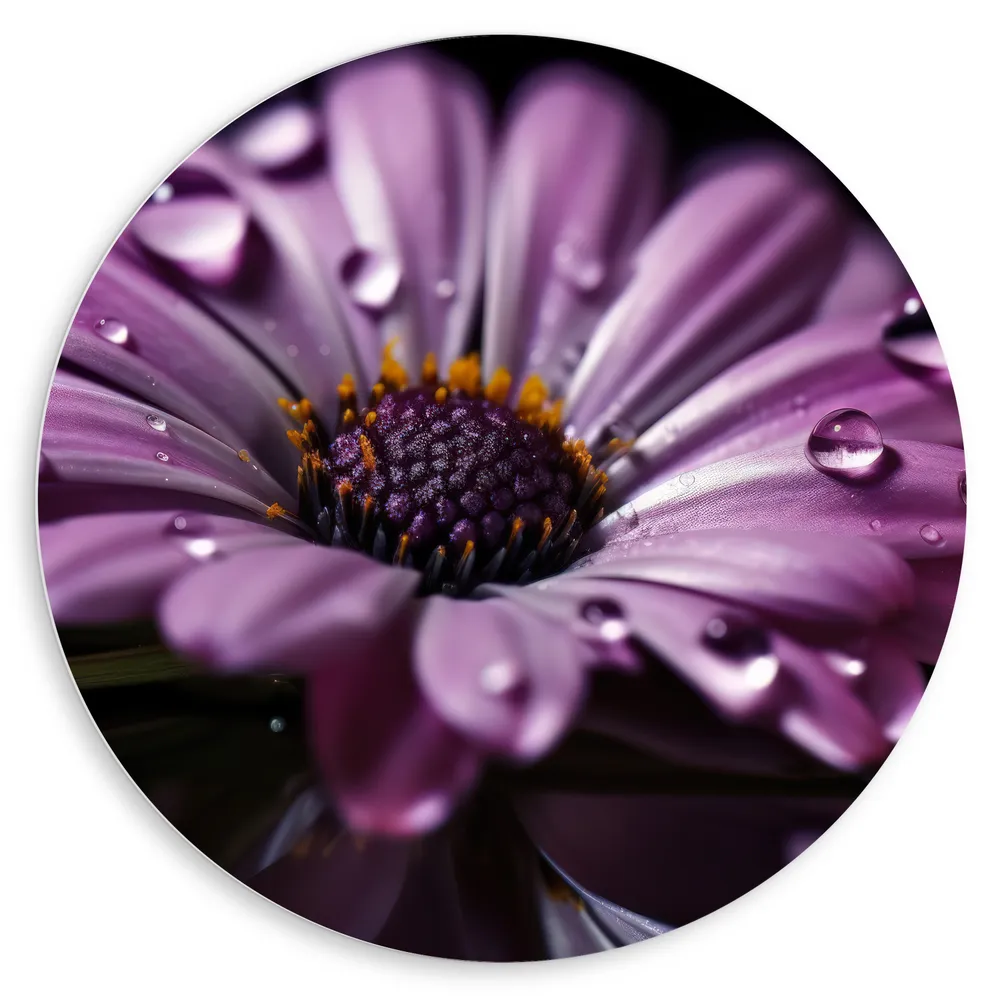 Dibond Muurcirkel - Paarse Margriet met Waterdruppels erop bij Donkere Achtergrond - Bloemen