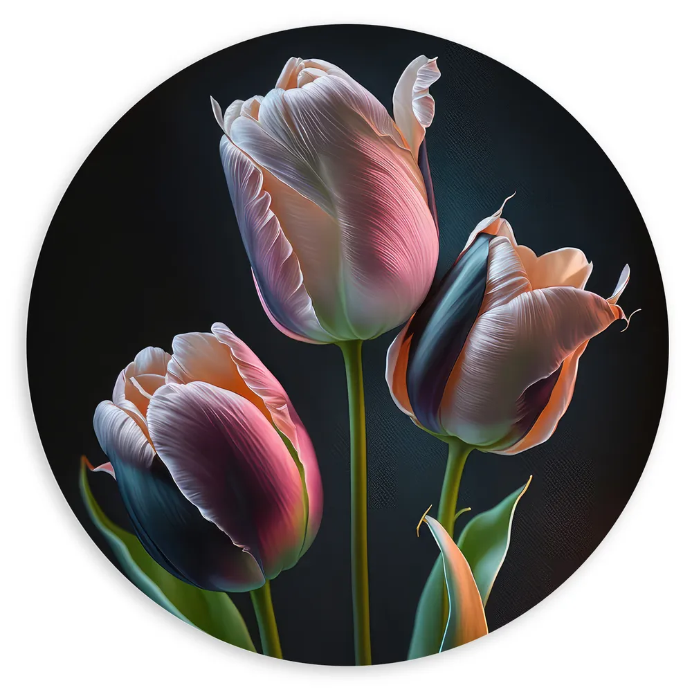 Dibond Muurcirkel - Roze tulpen voor een zwarte achtergrond - Bloemen