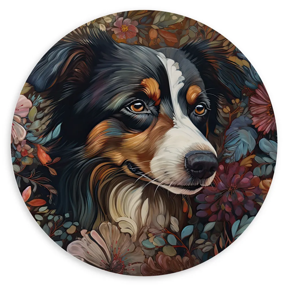 Dibond Muurcirkel - Schilderij van Zwart, Bruin en Witte Hond tussen Verschillende Soorten Bloemen