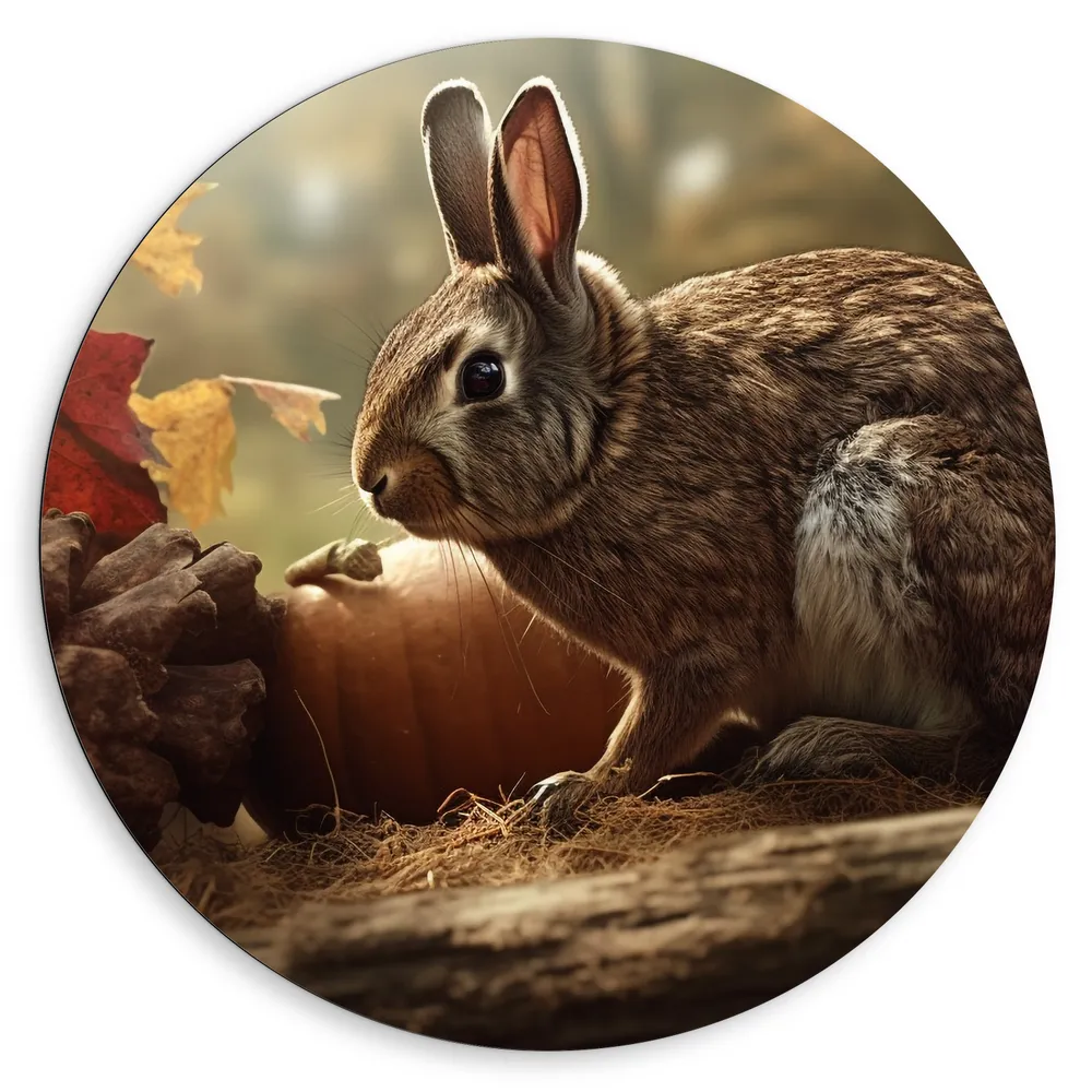 Dibond Muurcirkel - Konijn - Herfst - Pompoen - Bladeren