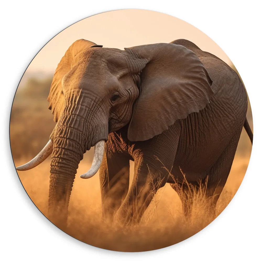 Dibond Muurcirkel - Olifant - Wildernis - Landschap - Gras - Dier
