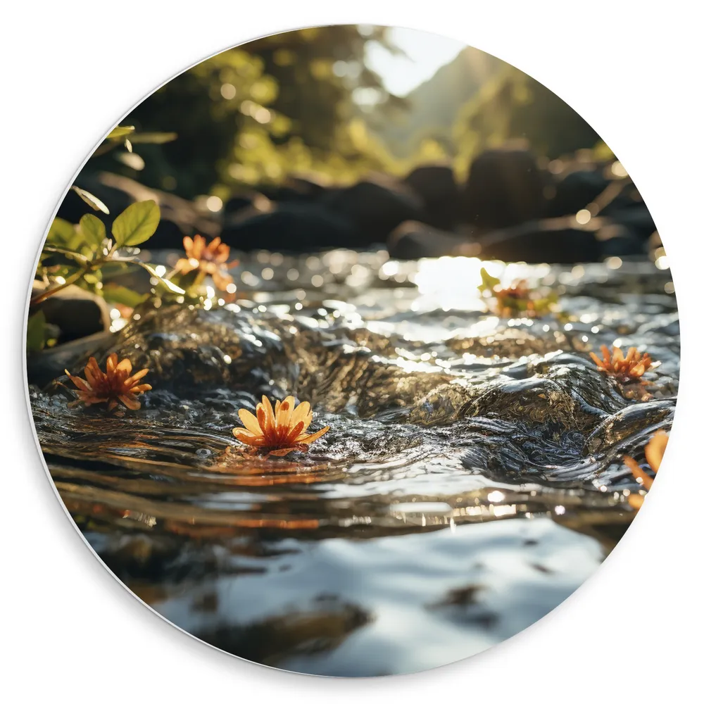 Dibond Muurcirkel - Water - Bloemen - Bergen