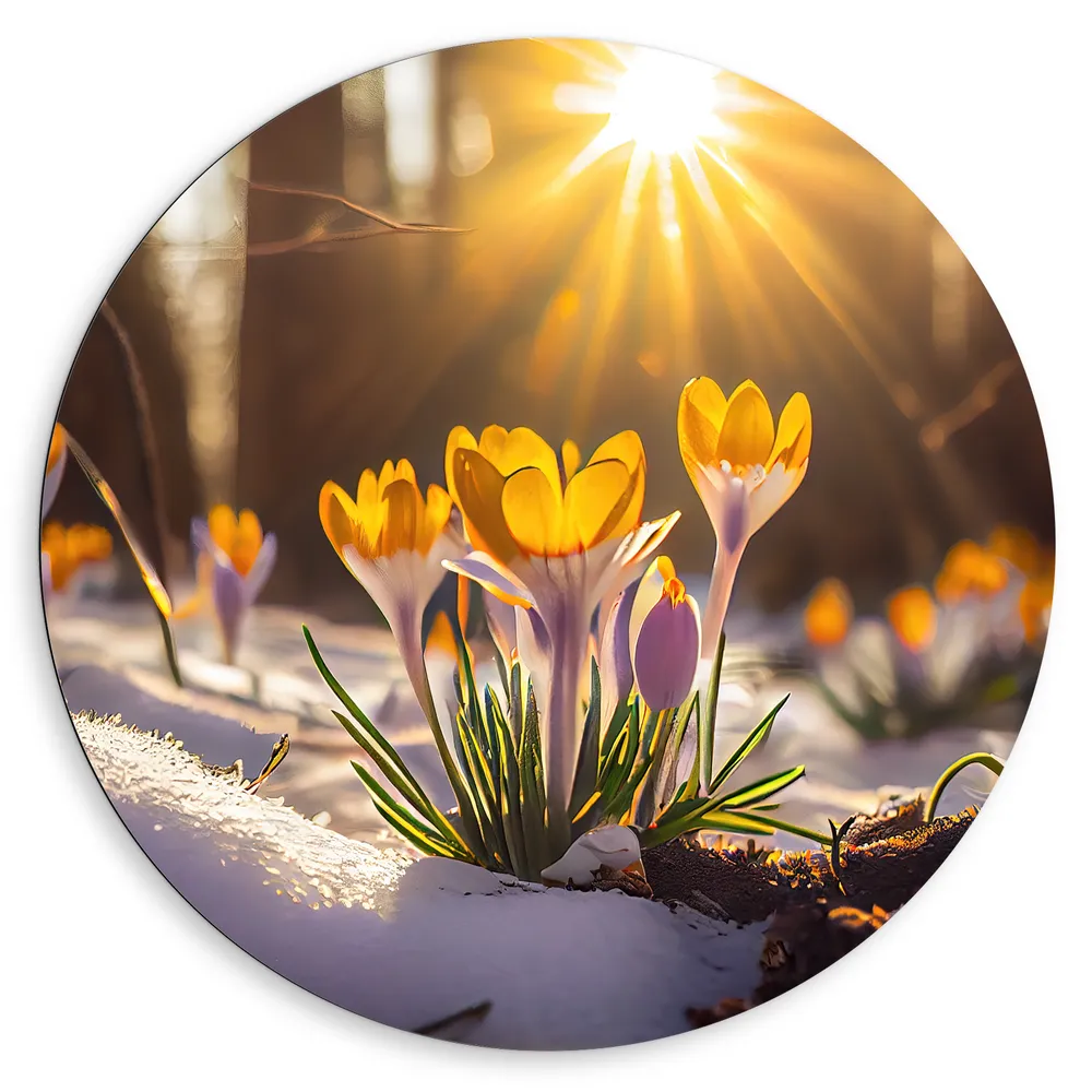 Dibond Muurcirkel - Zonnestralen op Gele Bloeiende Krokusbloemen in Bos