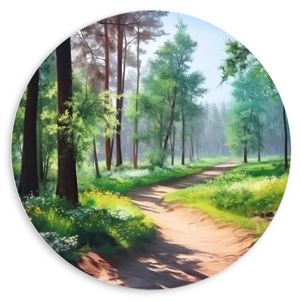 Dibond Muurcirkel - Bomen - Bos - Pad - Bloemen - Gras - Zand