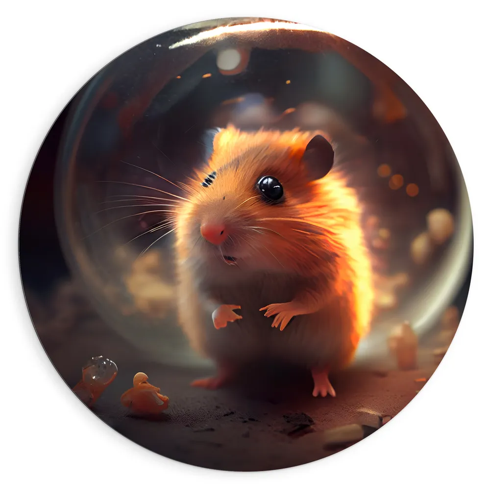 Dibond Muurcirkel - Hamster staat voor glazen bol met oranje gloed op zijn vacht