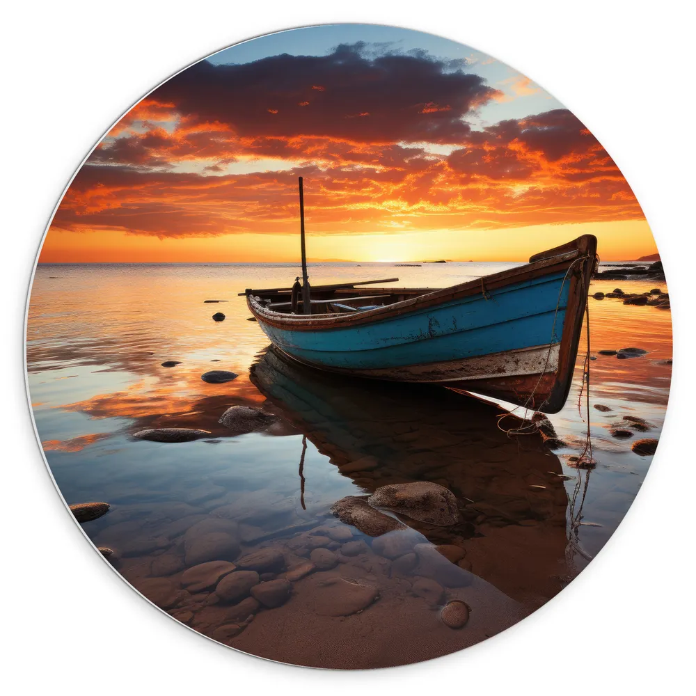 Dibond Muurcirkel - Boot - Water - Stenen - Zand - Zon