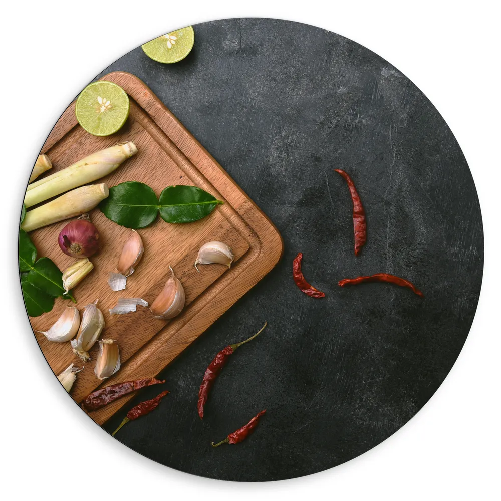Dibond Muurcirkel - Snijplank - Eten - Groente - Fruit - Pepers