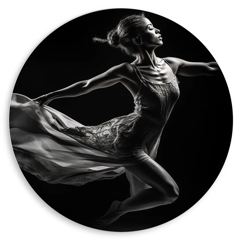 Dibond Muurcirkel - Ballerina Meisje aan het Dansen (Zwart-wit)