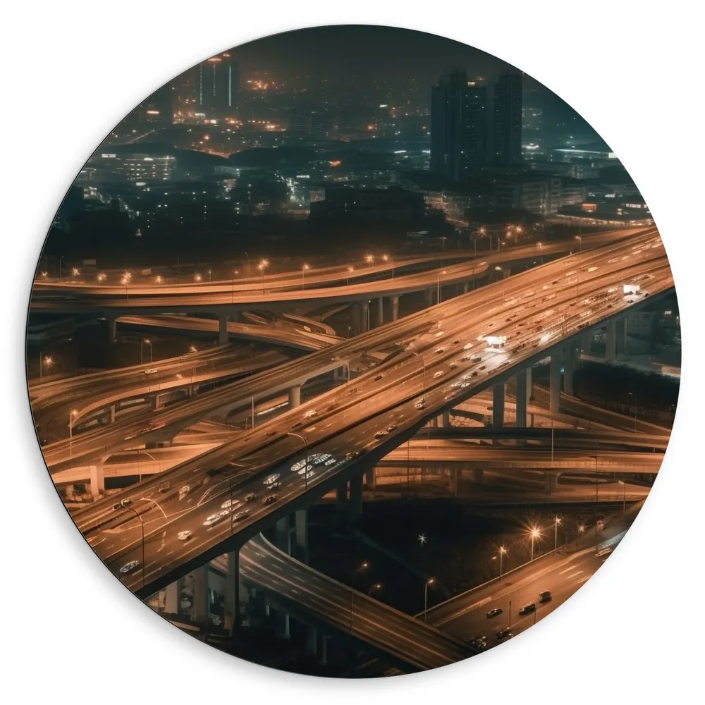 Dibond Muurcirkel - Stad - Voertuigen - Brug - Wegen - Gebouwen - Lichten