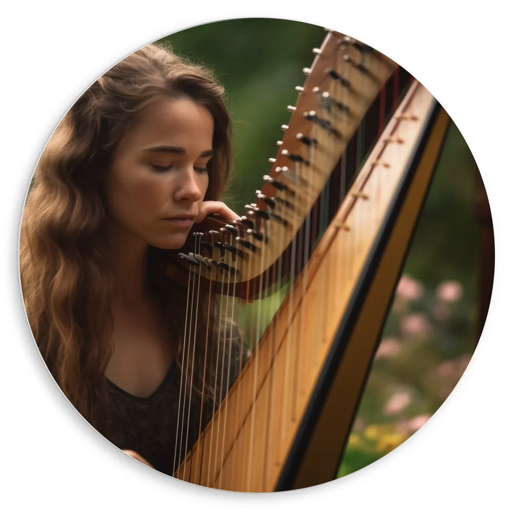 Dibond Muurcirkel - Vrouw - Muziek - Harp - Instrument - Bloemen