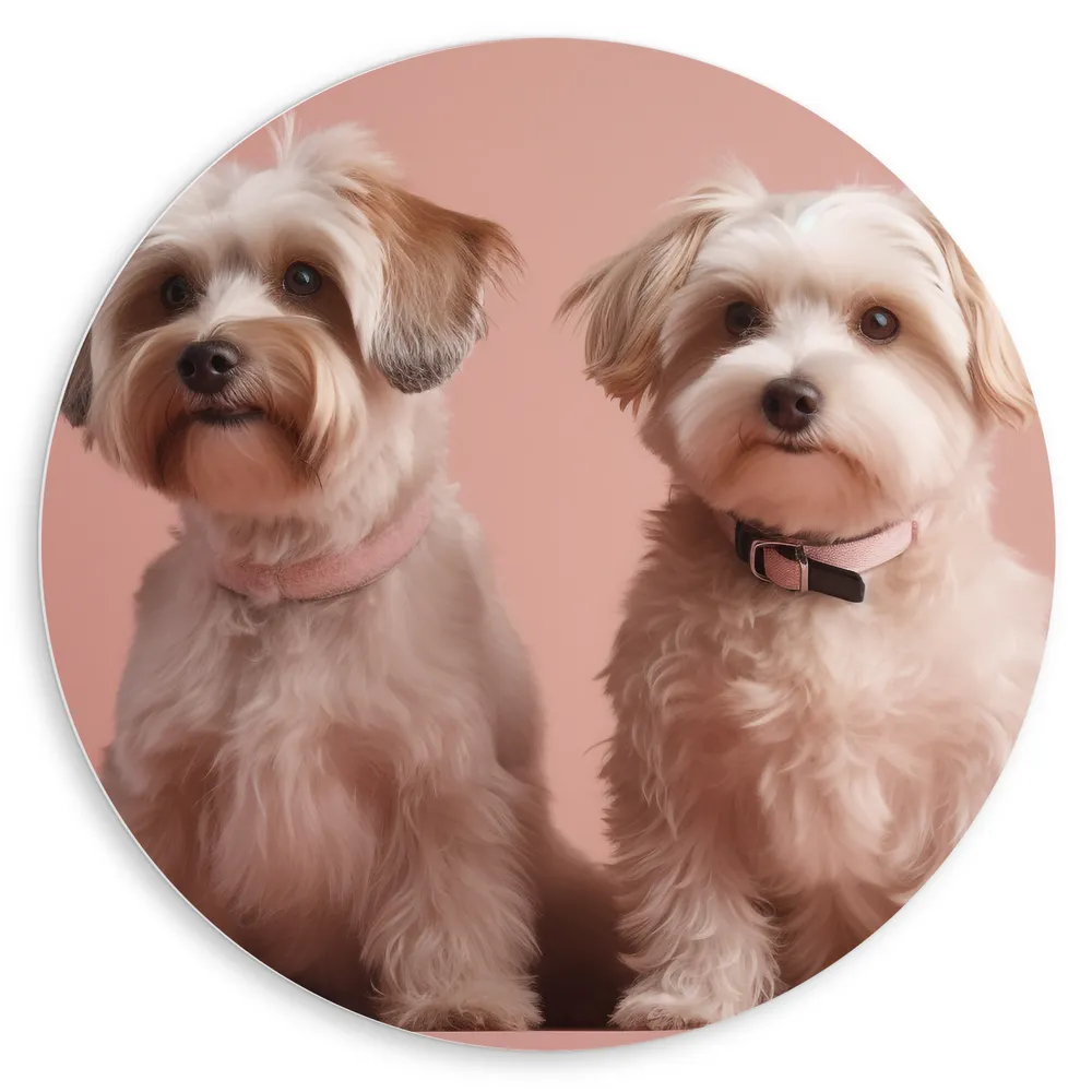 Dibond Muurcirkel - Twee kleine honden met roze halsband zitten voor roze achtergrond