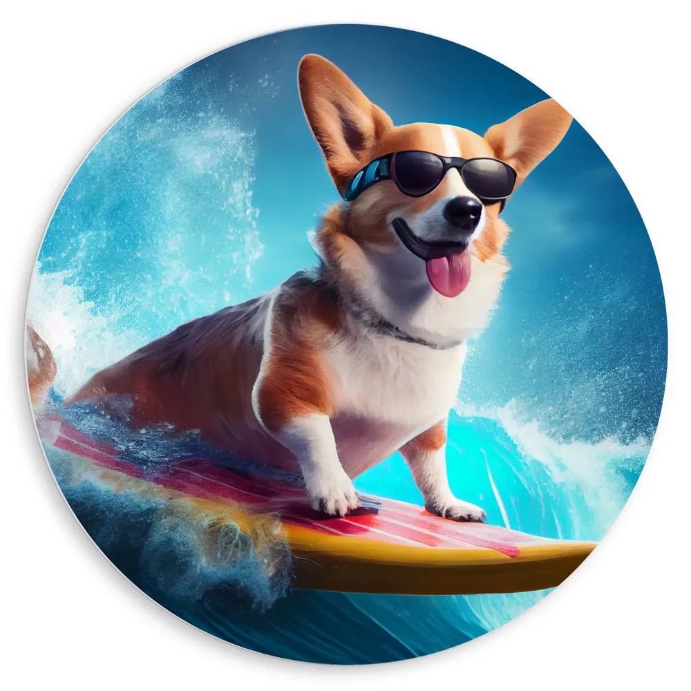 Dibond Muurcirkel - Bruin met Witte Corgi Puppy Surfend over de Golven