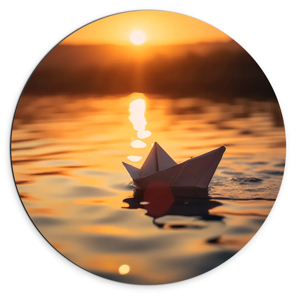 Dibond Muurcirkel - Papieren Bootje Dobberend op het Water bij Zonsondergang
