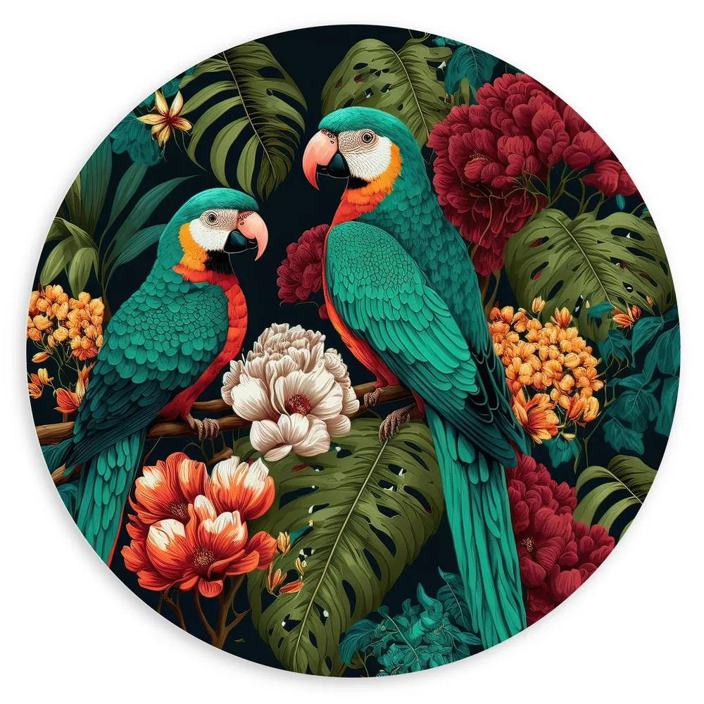 Dibond Muurcirkel - Schilderij van Twee Papegaaien tussen de Kleurrijke Bloemen en Planten