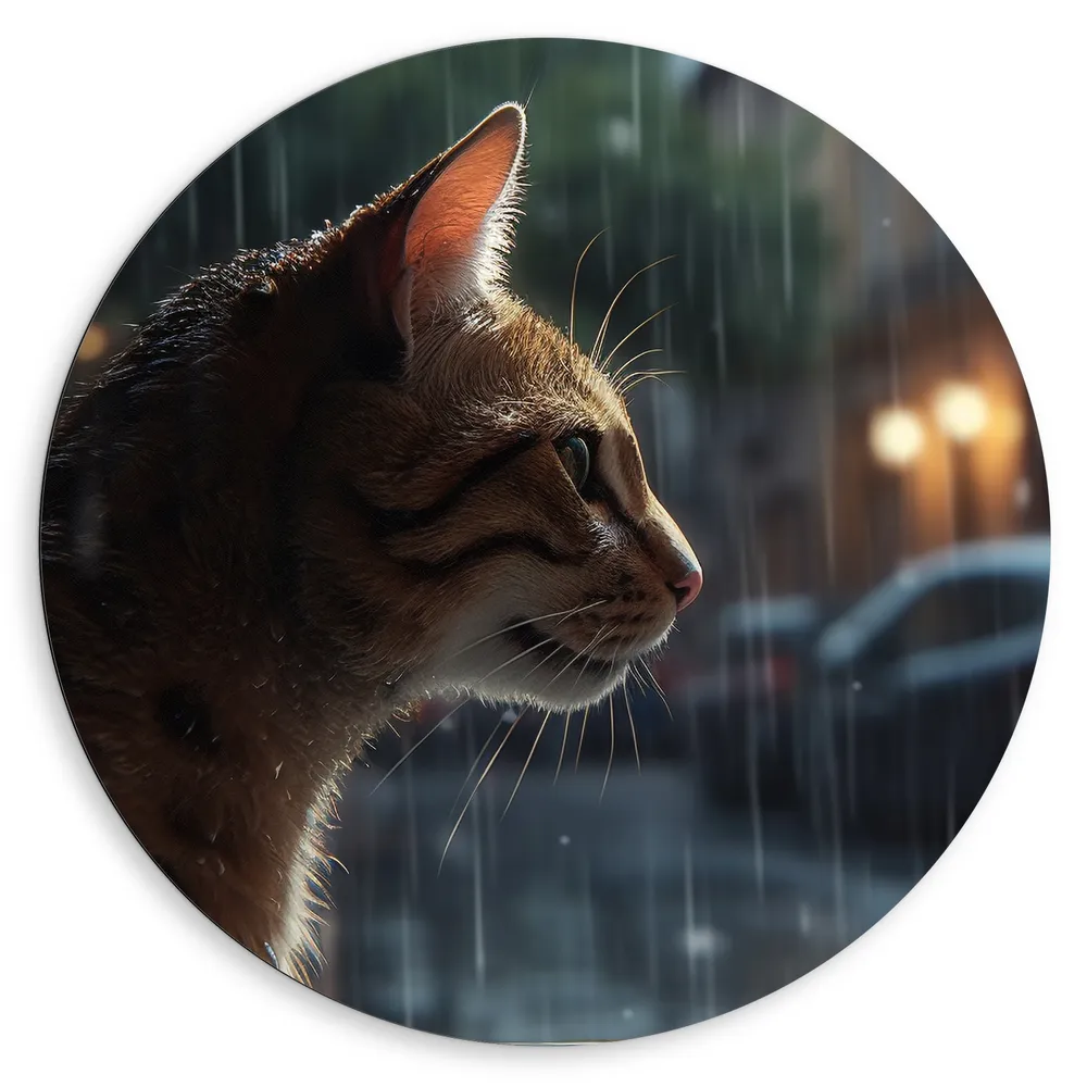 Dibond Muurcirkel - Poes - Regen - Nat - Dier