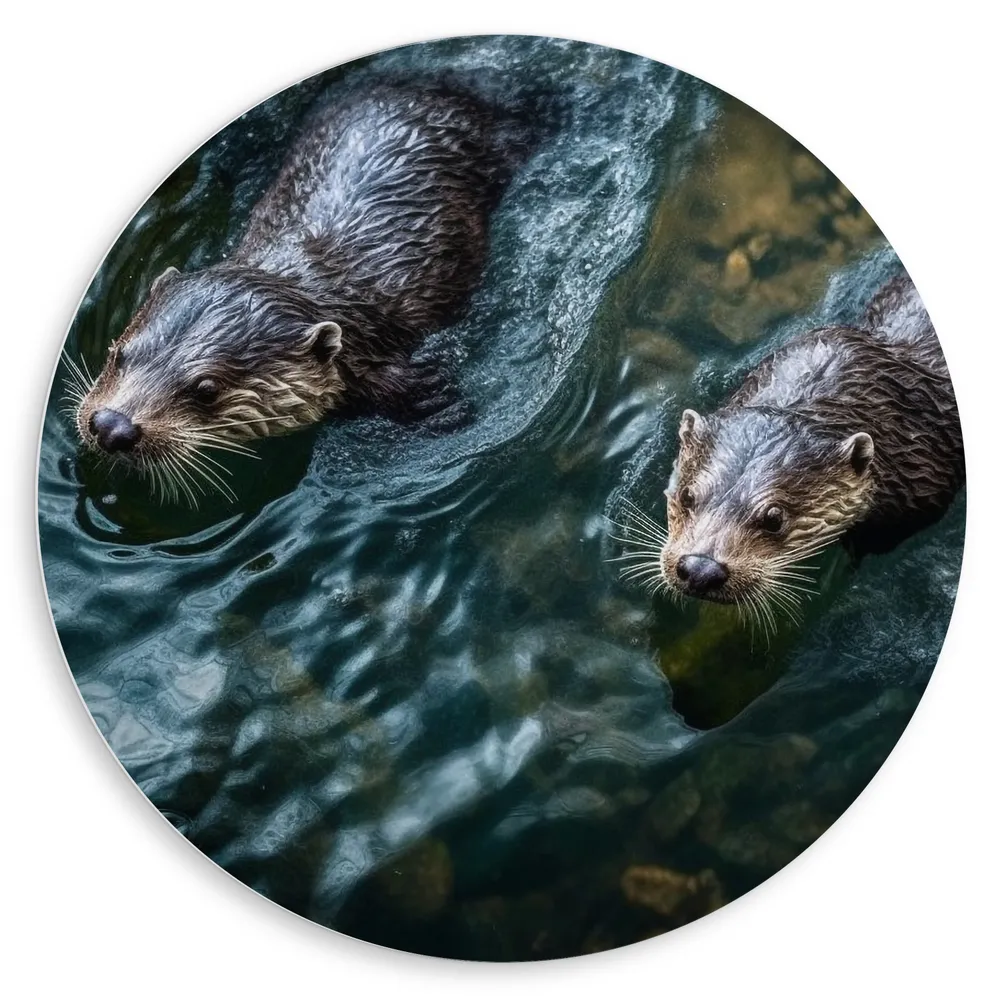 Dibond Muurcirkel - Otters zwemmen door water heen met stenen op de bodem