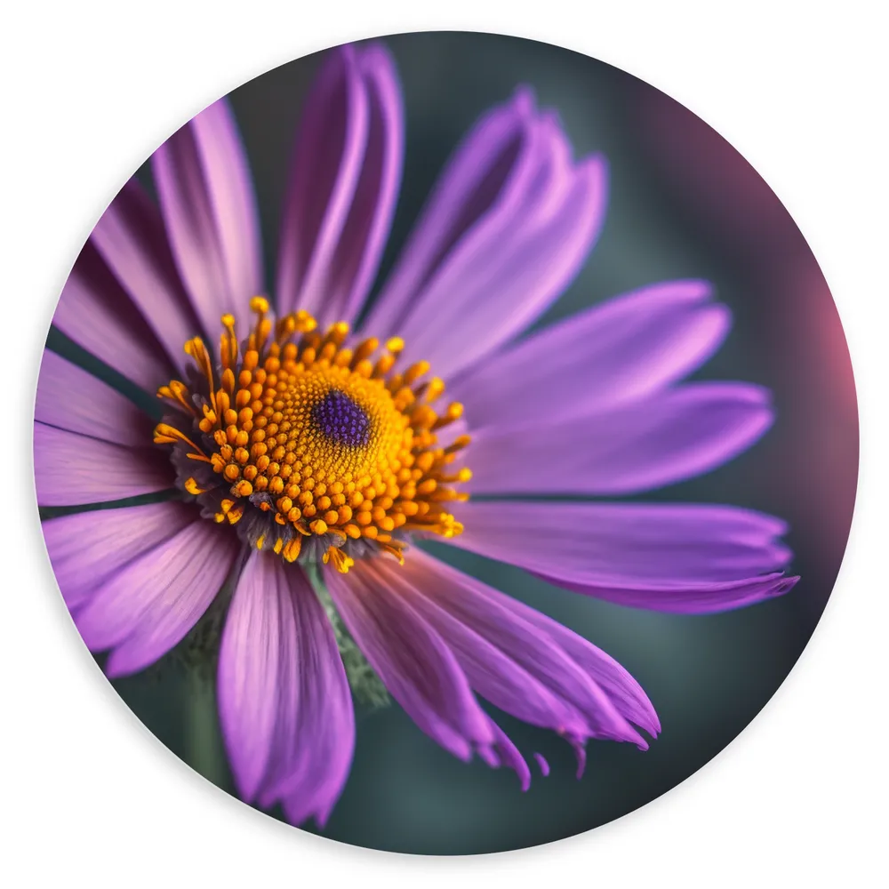 Dibond Muurcirkel - Paarse Aster Bloem met Geel Midden en Wazige Paarse Achtergrond